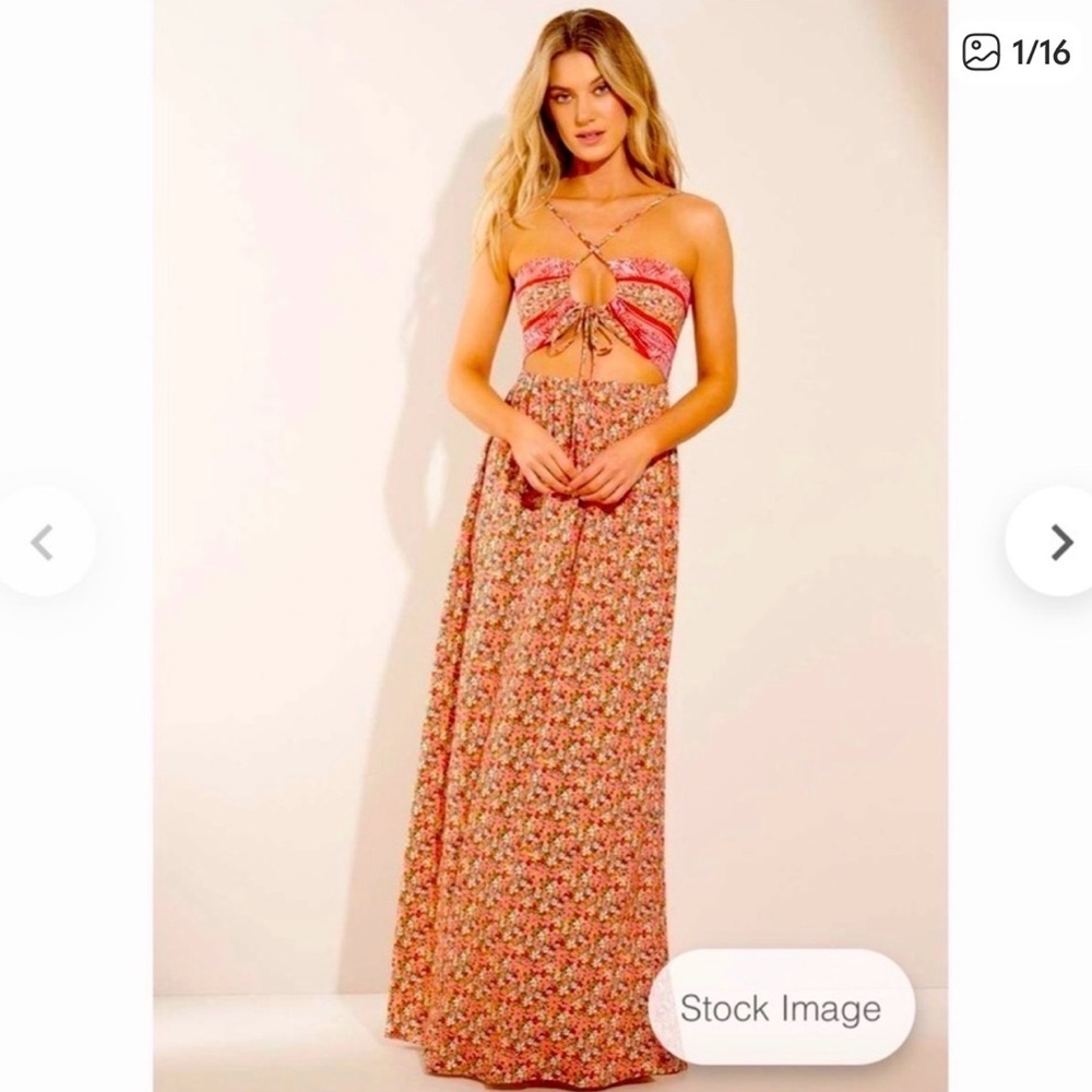 NWT MAAJI cherry blossom Floral Maxi Dress Red/ Orange Accents reversible sz M